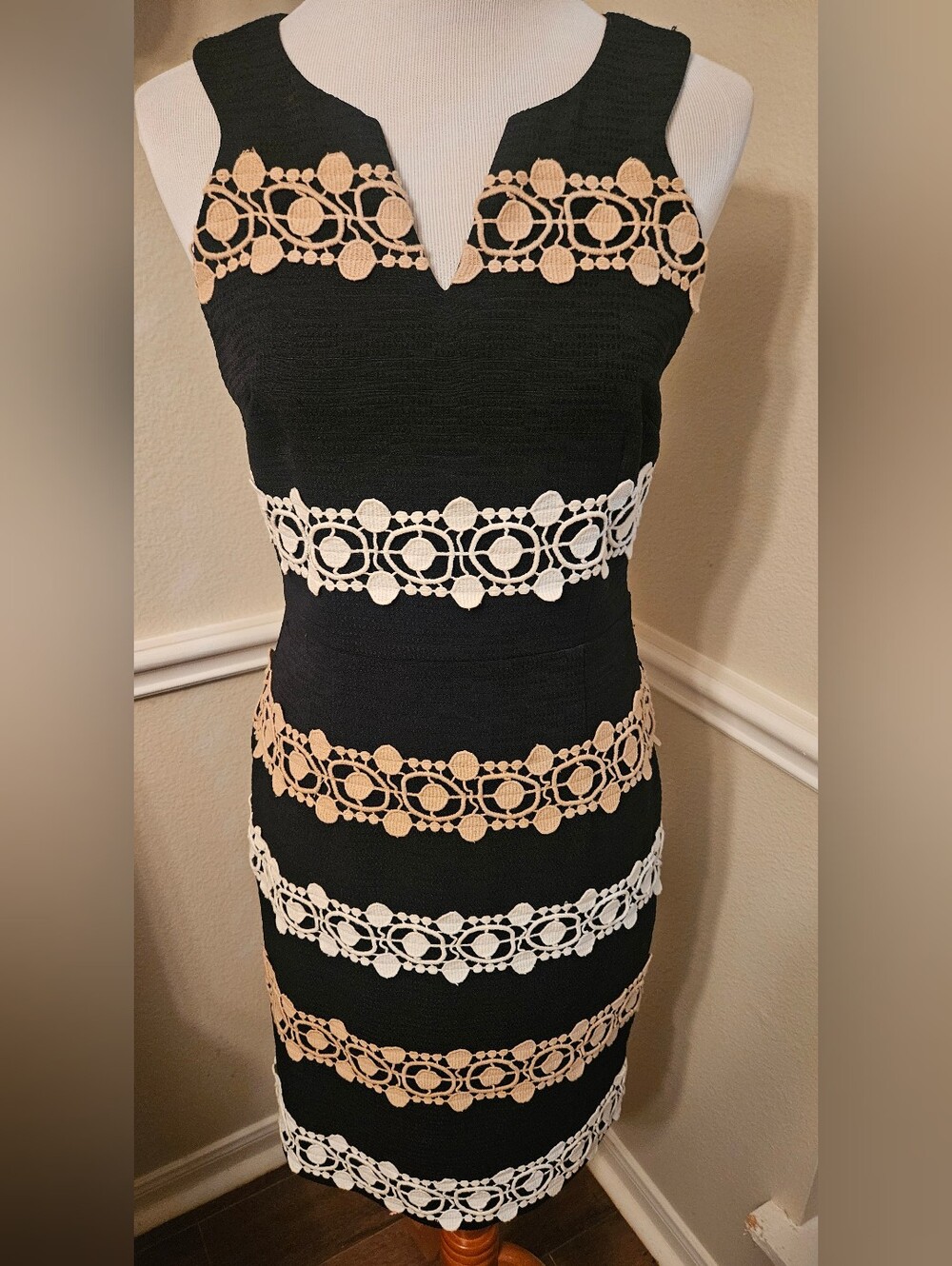 Sleeveless Black Midi Dress with Tan & White Lace Bands
